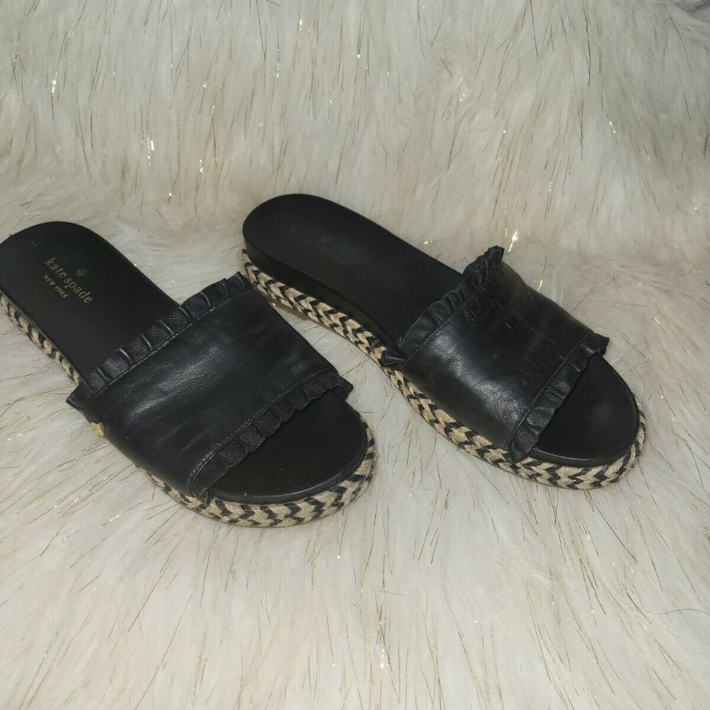 KATE SPADE Sz 8 Black Zahara Leather Espadrille Ruffled Slides Sandals